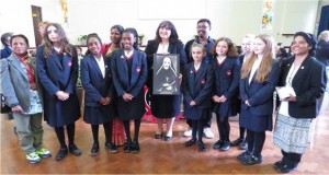 Sacred Heart Language College, Wealdstone receives gift from the Pilgrimage Group – Miss Higgins with some pupils and teachers from Bangladesh. (Friday, October 7, 2016)